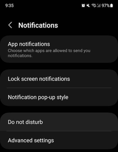 To silence notifications on your phone with the DND mode, go to Settings → Notifications → Do not disturb.