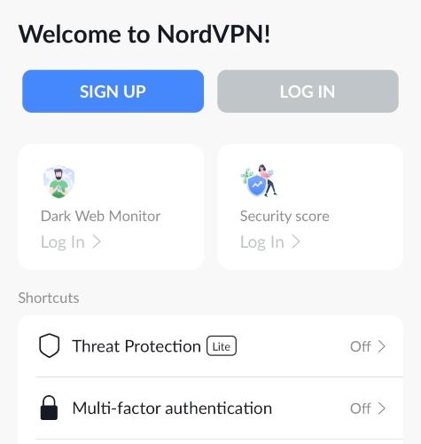 The main screen of the NordVPN iPhone app.