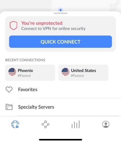 The NordVPN iPhone app with the quick connect button.