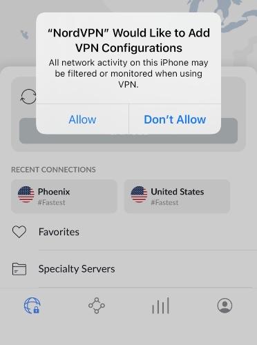 An iPhone pop-up requesting for NordVPN to be added to your iPhone VPN configurations.