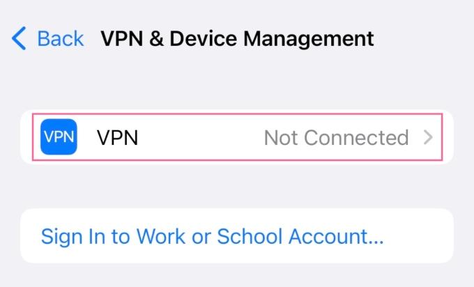 The VPN & Device Management screen on an iPhone, with an outline around the VPN button.