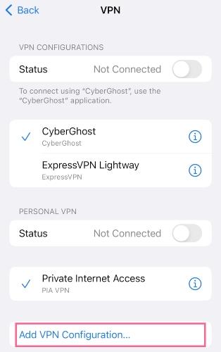 The iPhone VPN screen with an outline around Add VPN Configuration....