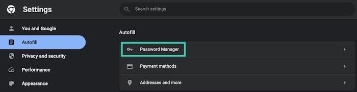 To view saved passwords in Google Chrome, open the settings menu and choose Autofill and then click Password Manager.