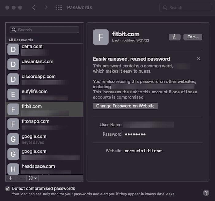 Open your passwords app on Mac and choose the website for the account info you want to view.