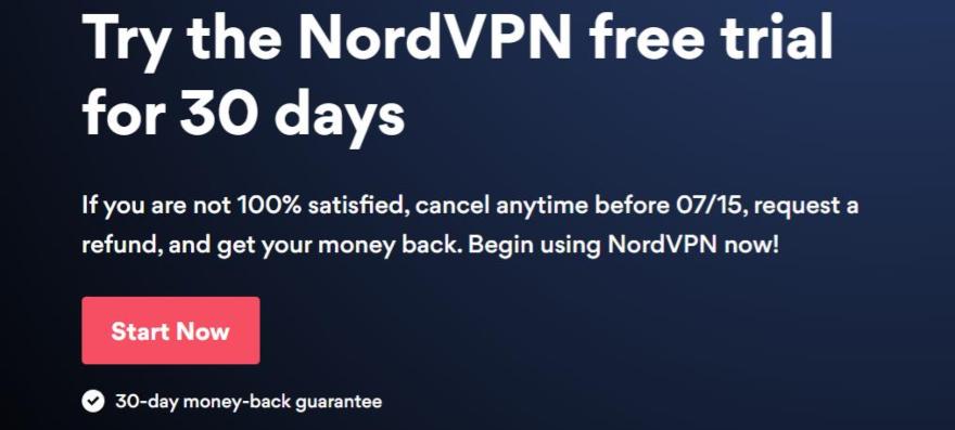 A screenshot of the NordVPN free trial advertisement with a red button that says Start Now