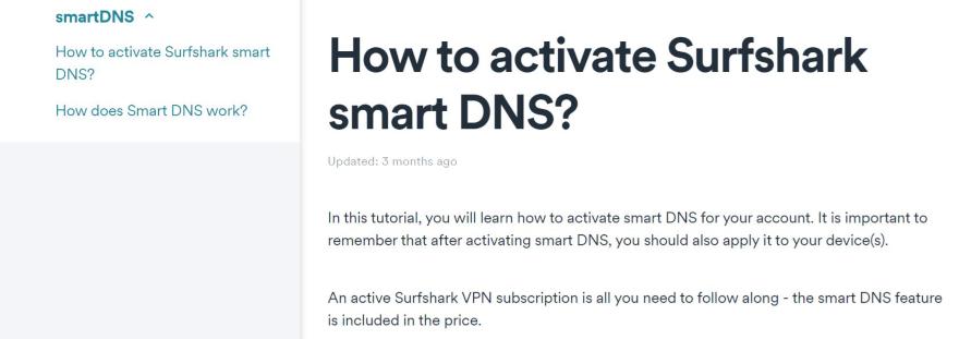 A screenshot of a Surfshark VPN help article that covers the steps you need to follow to activate Smart DNS on Surfshark