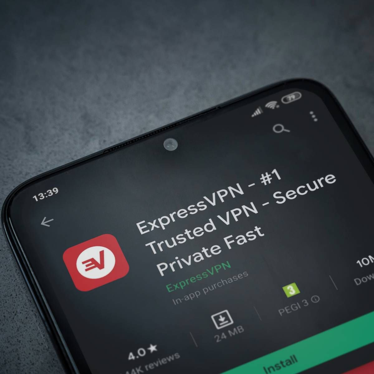 The ExpressVPN app download page on display of a smartphone.
