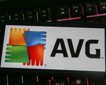 Close-up of a smartphone displaying the AVG AntiVirus logo.