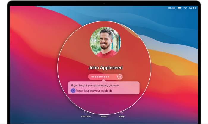 The Mac login page with a prompt to reset your password with your Apple ID.