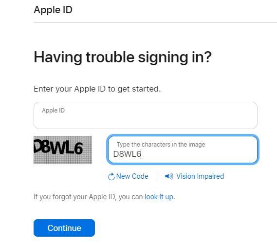 The iforgot.apple.com site with a prompt for your Apple ID and a CAPTCHA code.