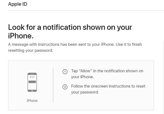 The iforgot.apple.com site with a prompt to look for a notification on your iPhone.