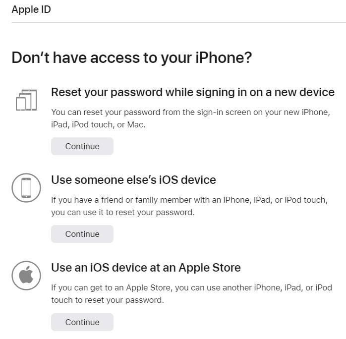 The iforgot.apple.com site with a list of options to reset your Apple ID password.