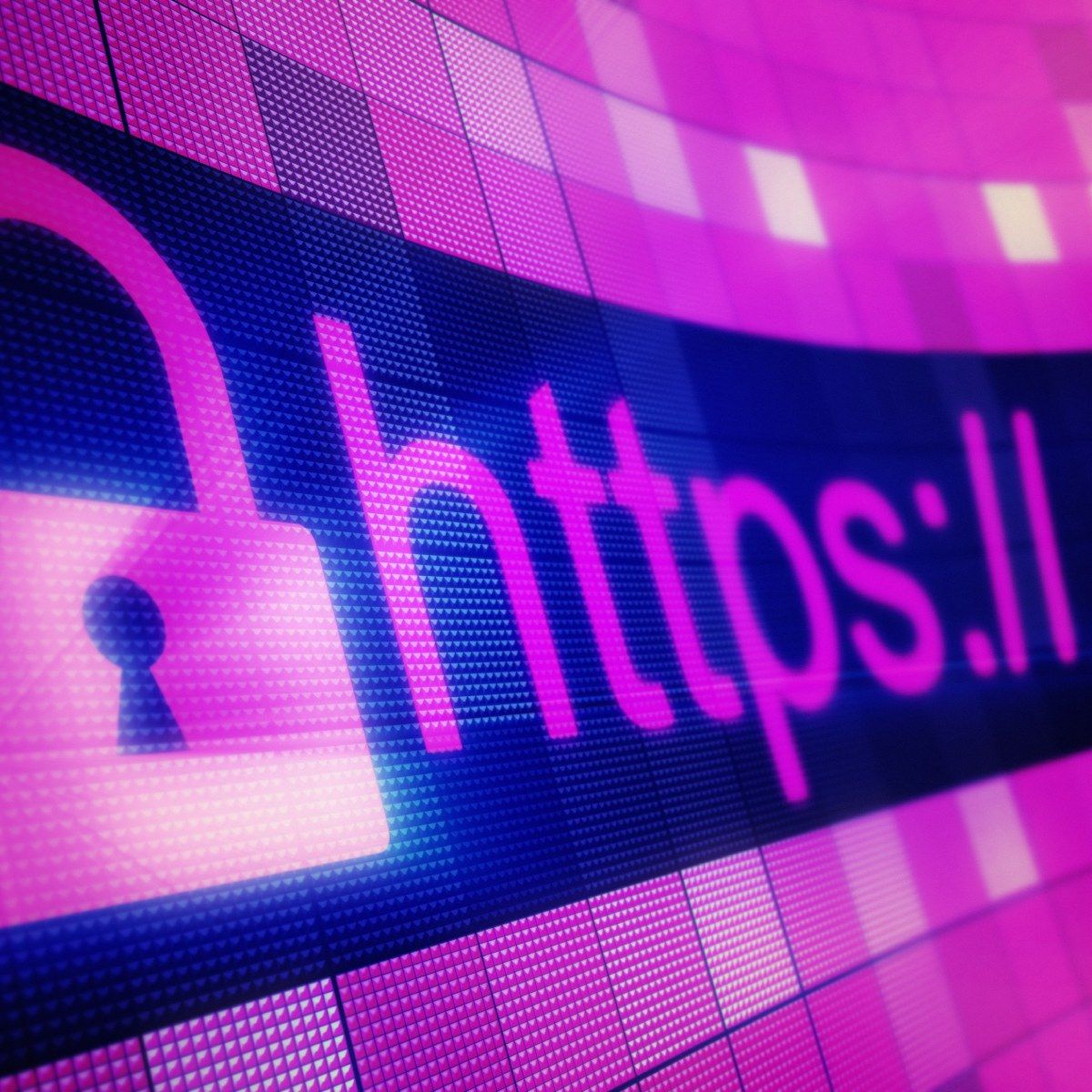 A close-up of a web browser URL bar showing a lock symbol and HTTPS:// on an abstract pink and purple background