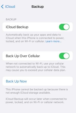 iPhone screen showing iCloud backup