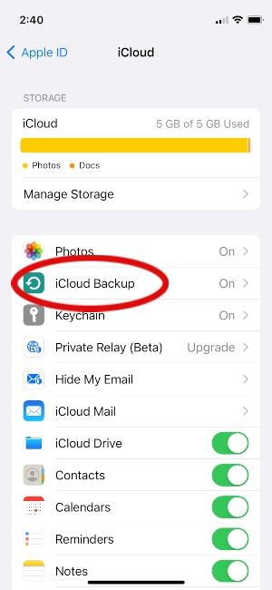 iPhone screen showing where to click on iCloud backup