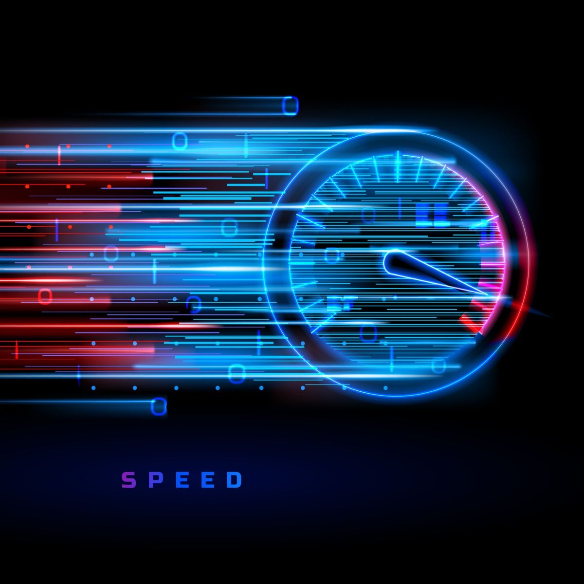 Clock measuring speed red and blue neon showing high speed in the red