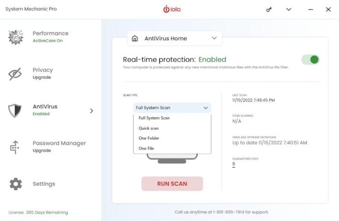 You can find iolo's antivirus settings in the AntiVirus tab and includes a full system scan, quick scan, or individual scans for files and folders.