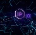 IP address neon purple hexagon linked with neon lines in a digital world