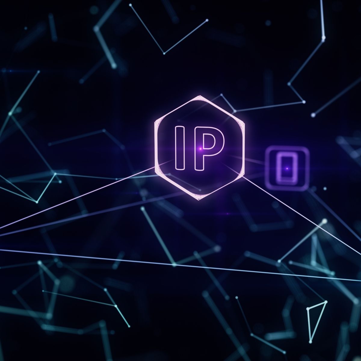 IP address neon purple hexagon linked with neon lines in a digital world