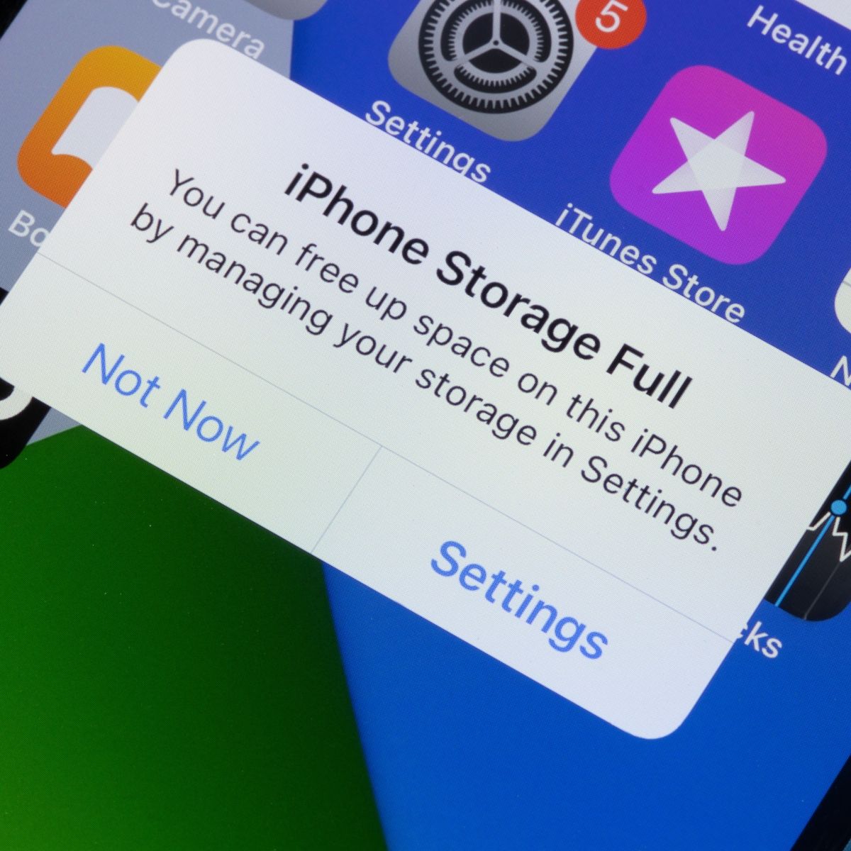 iPhone screen with a push notification about full storage