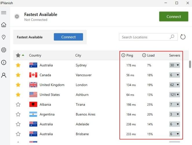 IPVanish displays the server latency and server load on its list of VPN servers so you can easily choose one that won't slow down your connection.