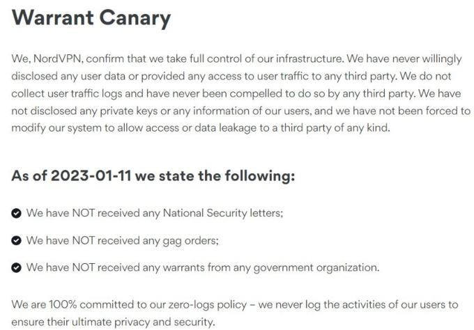 NordVPN has a warrant canary, which currently shows that, as of 1-11-2023, the VPN service hasn't received any requests for data.