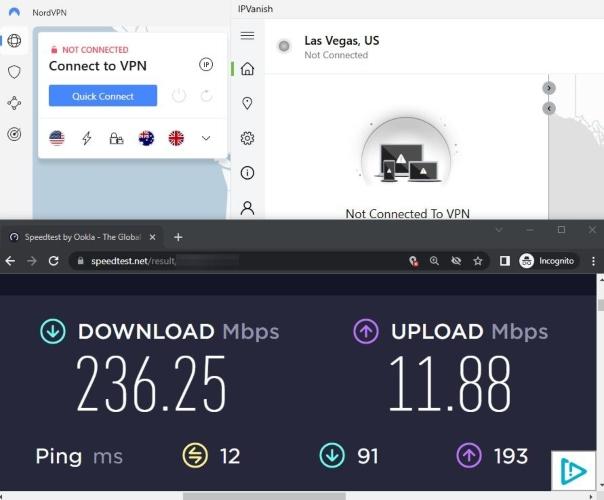 Our internet speeds with no VPN connected were 236 Mbps download and 12 Mbps upload plus 12 latency.