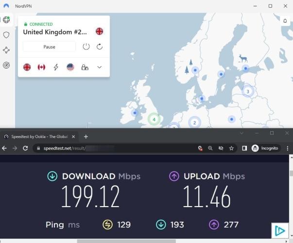 Both NordVPN and IPVanish had similar internet speed test results when we connected to their London servers.