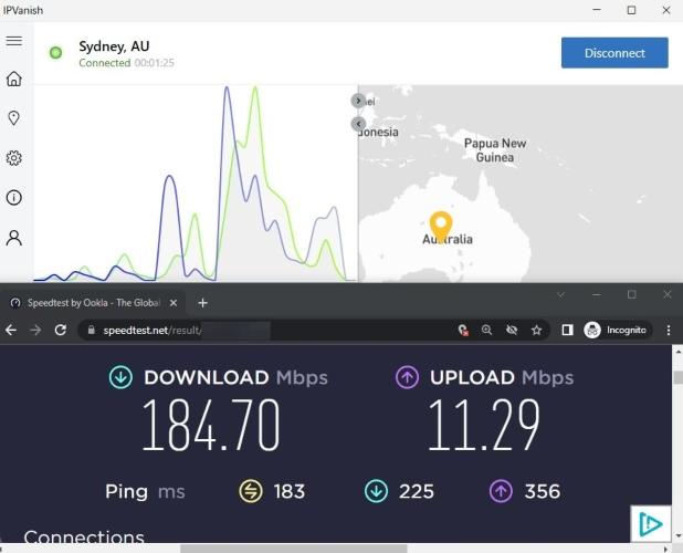 We saw a big difference in download speeds for both IPVanish and NordVPN when we connected to Australia servers — something that surprised us since we hadn't seen such a big decrease before.