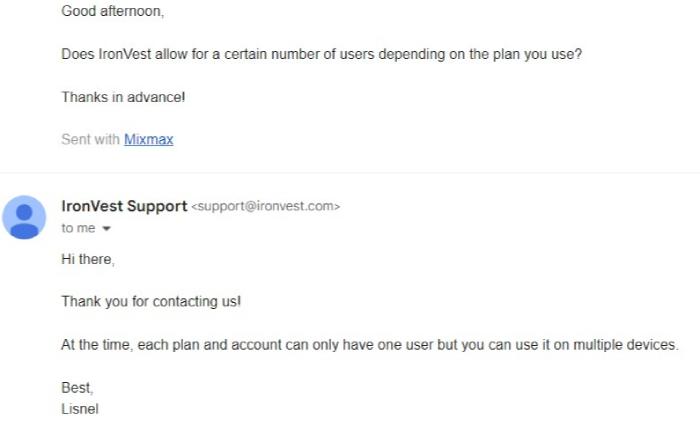 An email with IronVest's customer support asking how many users are allotted on each plan.