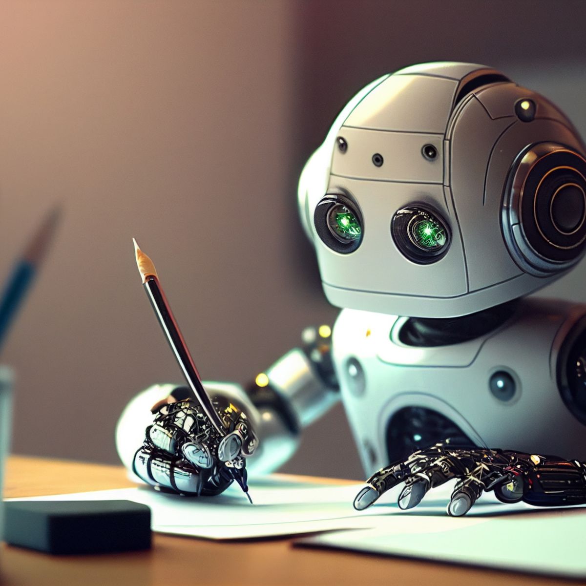 A robot uses a pencil to scribble notes in an illustration that represents AI and ChatGPT.