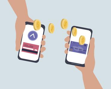 An illustration of two hands holding cell phones and coins floating between the two to represent an online exchange of money through an app like Venmo