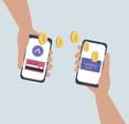 An illustration of two hands holding cell phones and coins floating between the two to represent an online exchange of money through an app like Venmo