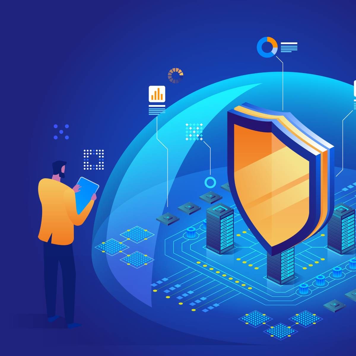 An illustration showing a clear bubble and yellow shield protecting a circuit board with a dark-haired man looking at a piece of paper.