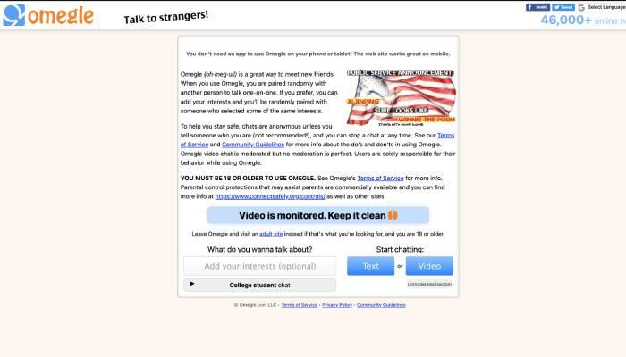 Homepage of the Omegle website.