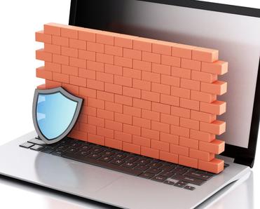 An illustration of an open laptop with a brick wall on top of the keyboard and a shield in front of the wall to illustrate a computer firewall