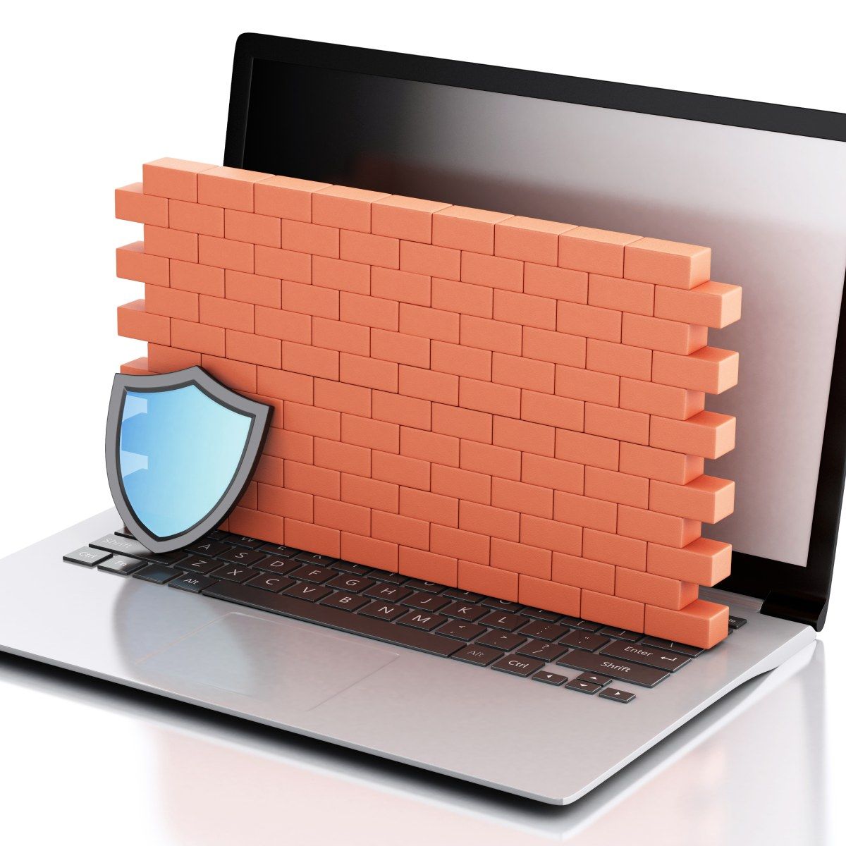 An illustration of an open laptop with a brick wall on top of the keyboard and a shield in front of the wall to illustrate a computer firewall