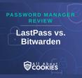 A blue background with images of locks and shields with the text &quot;Password Manager Review LastPass vs. Bitwarden&quot; and the All About Cookies logo. 