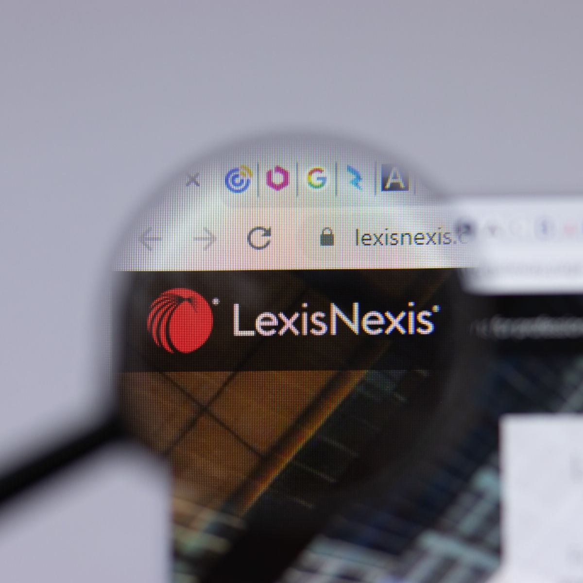 Magnifying glass on LexisNexis website top logo