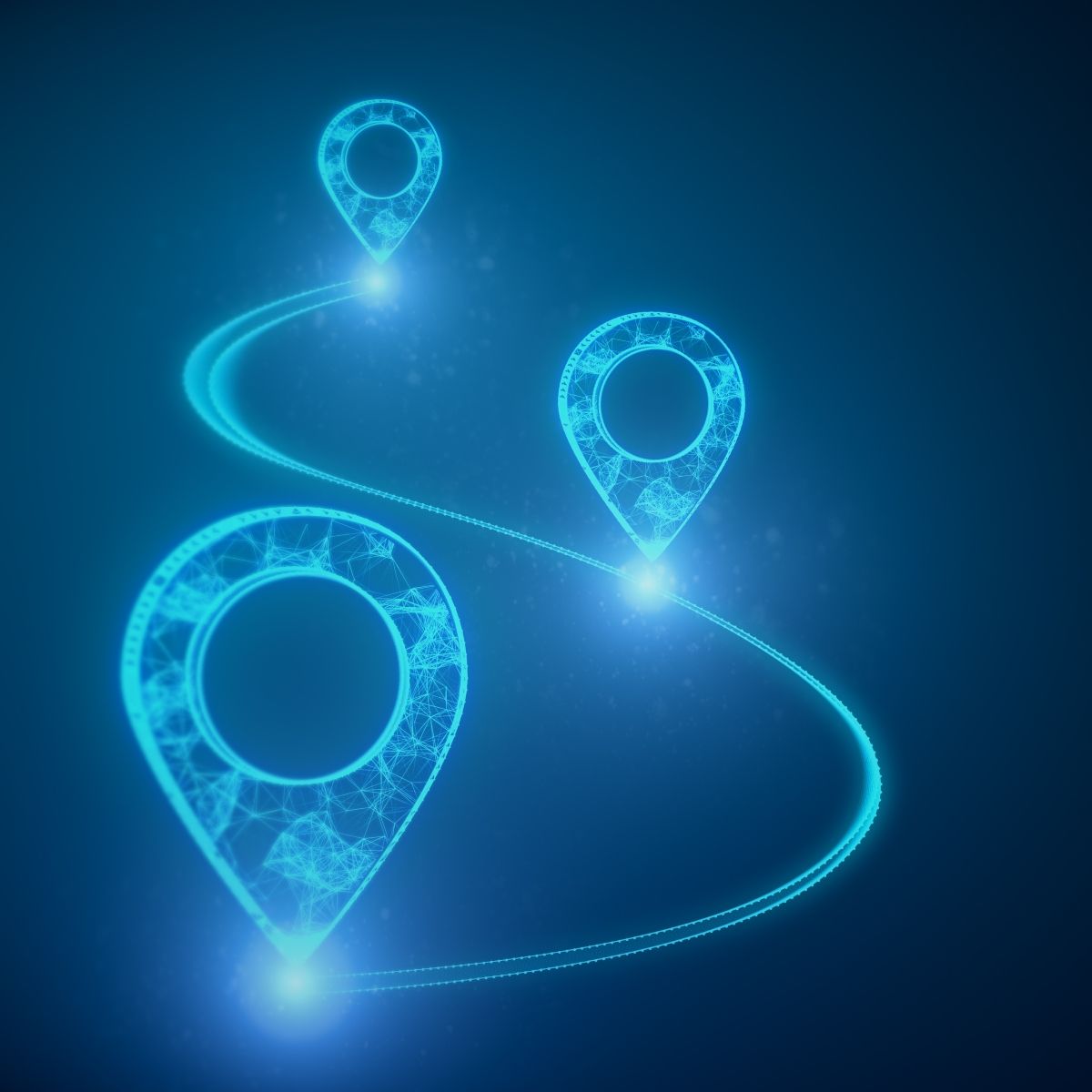 Three location pin neon blue digital path