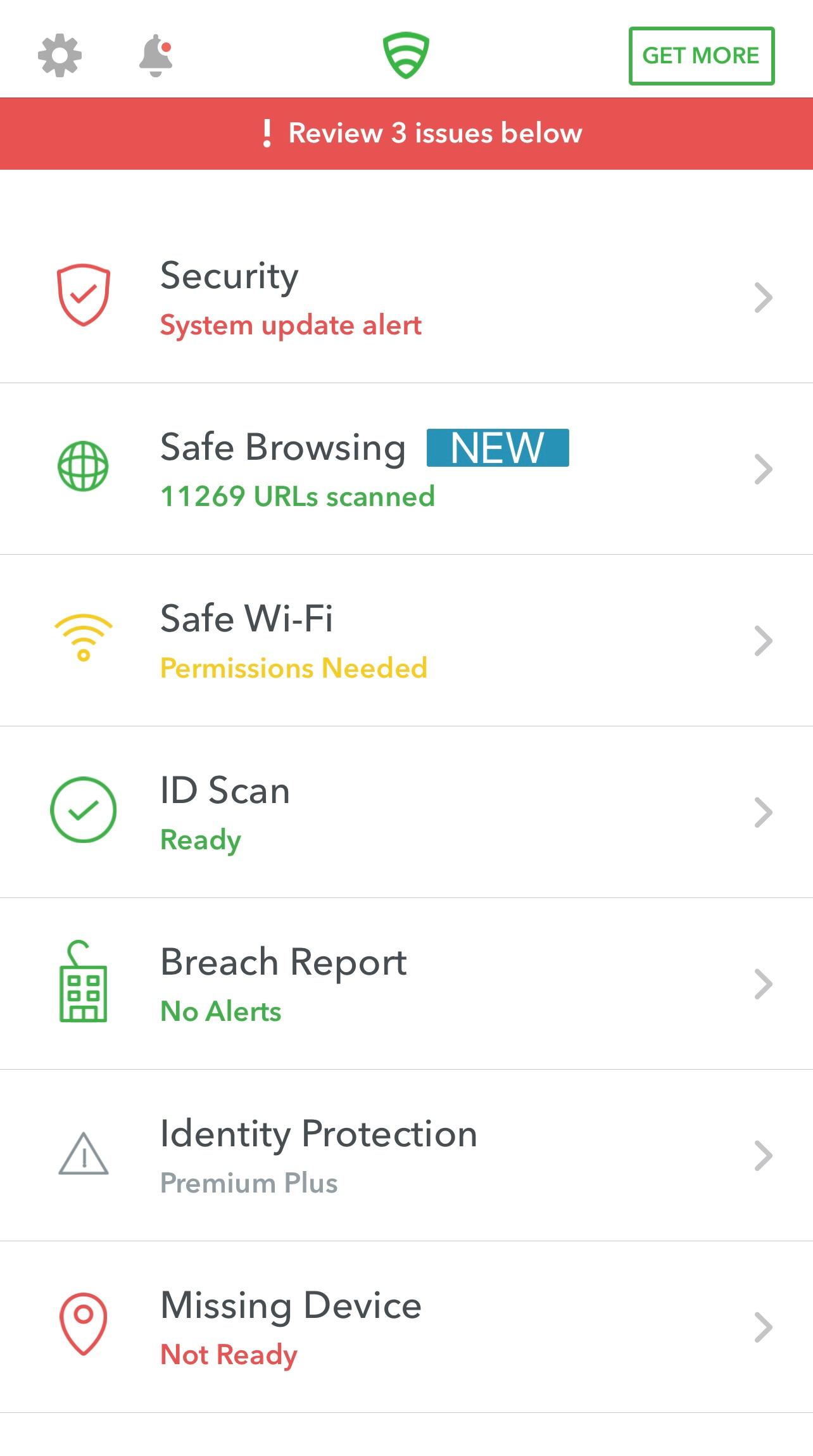 The Lookout Mobile Security app main screen with links to its Security, Safe Browsing, Safe Wi-Fi, ID Scan, Breach Report, Identity Protection, and Missing Device features.