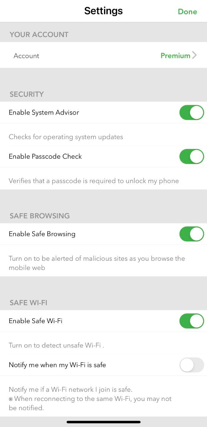 The Lookout Mobile Security main settings page.