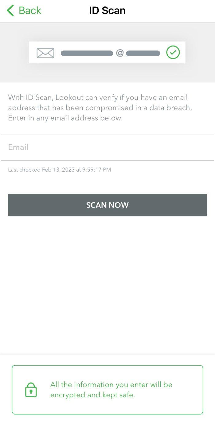 Lookout Mobile Security's ID Scan feature prompting you to enter your email address for a scan.