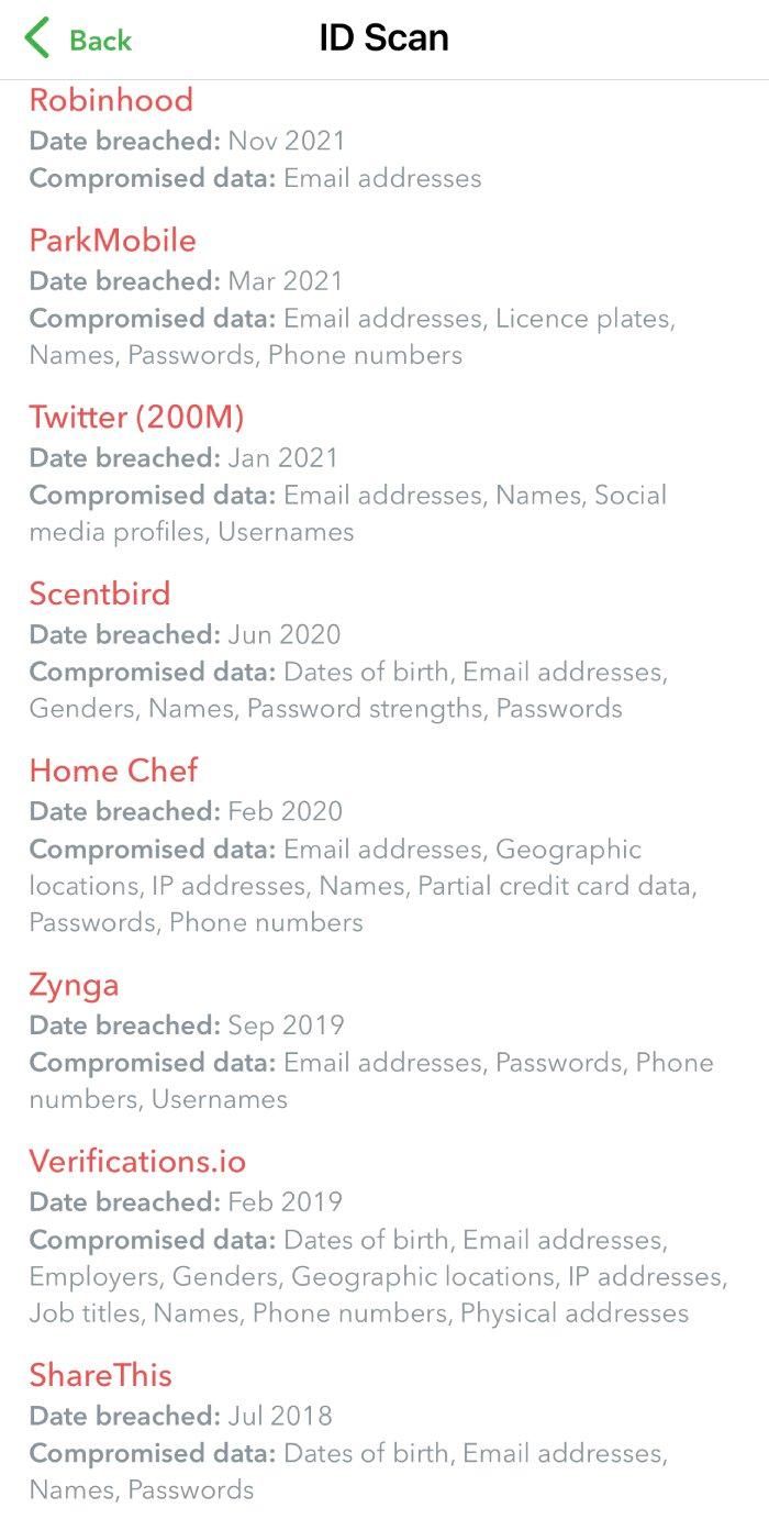 Lookout Mobile Security's ID Scan feature with a list of websites that have had their data breached.