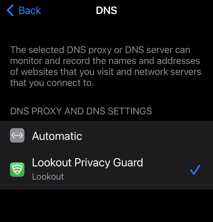 The iPhone page for connecting to DNS Proxy and DNS settings.