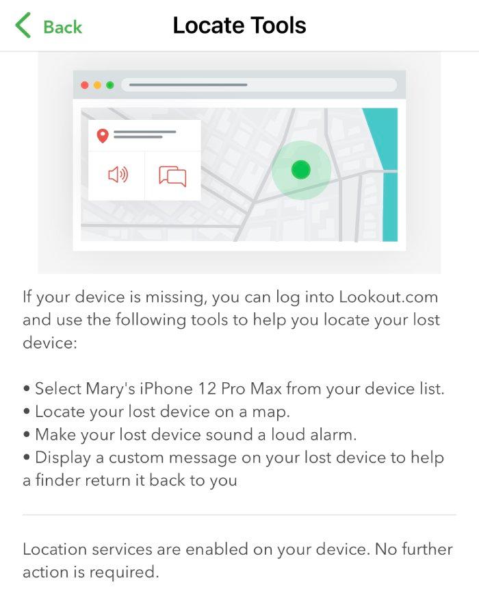 Lookout Mobile Locate Tools description.