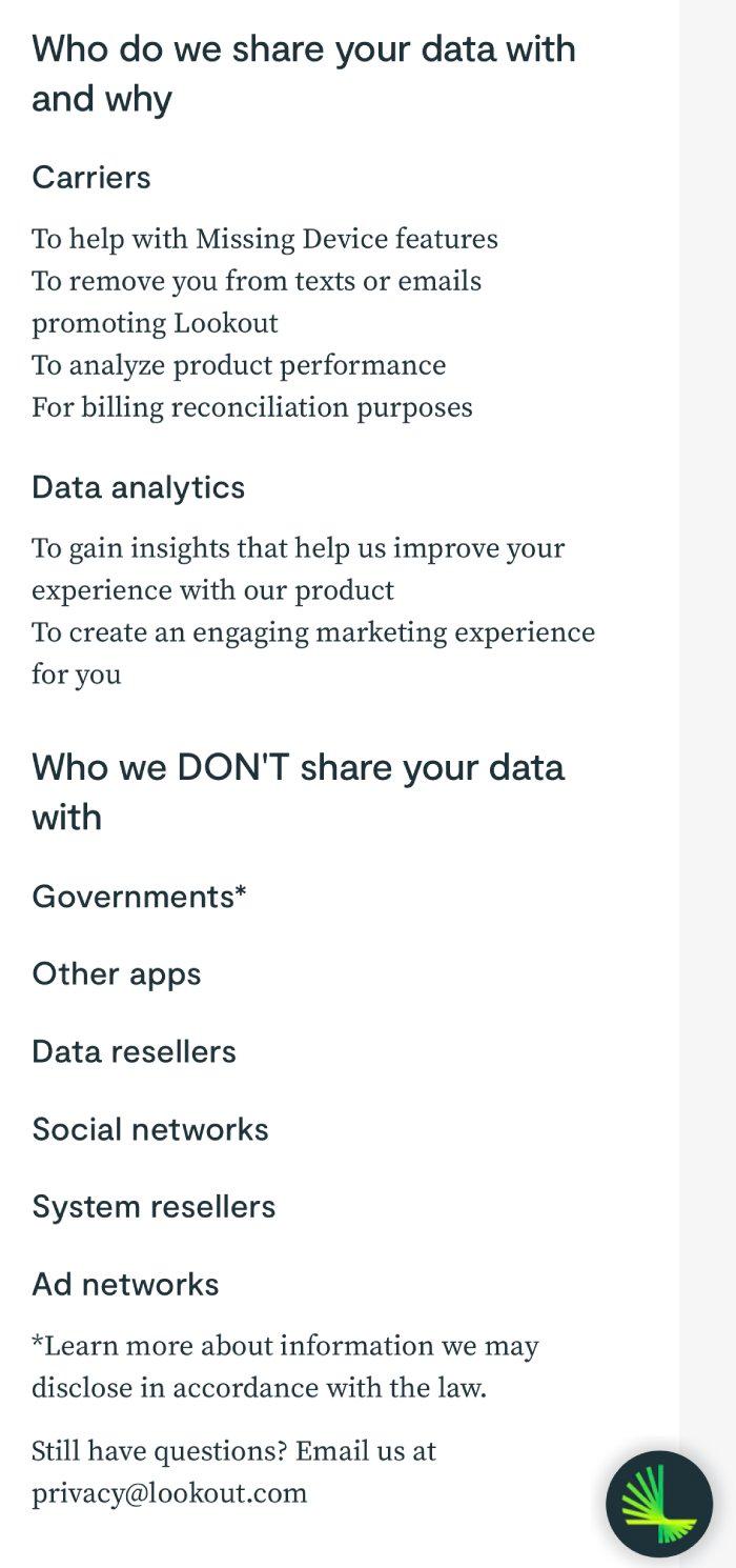 Lookout Mobile Security's privacy policy on its app.