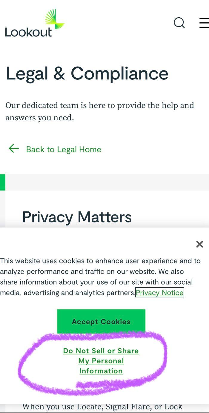 Lookout Mobile Security's privacy policy on its website with a circle around Do Not Sell or Share My Personal Information.