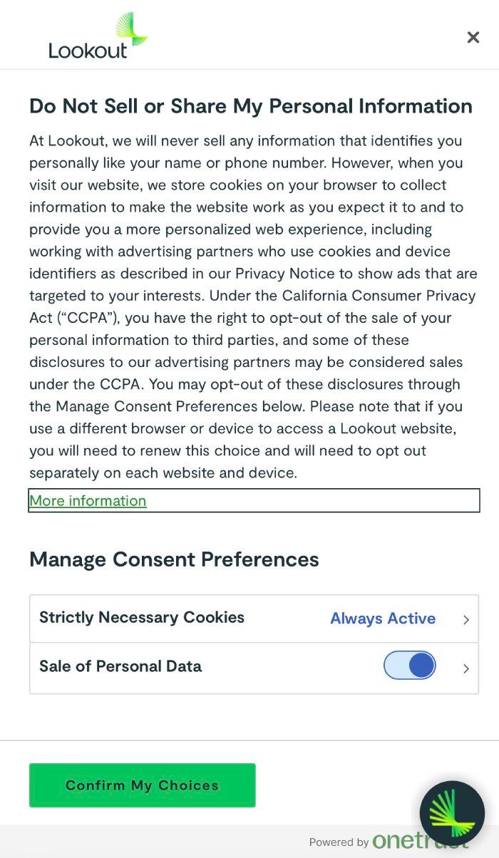 Lookout Mobile Security's privacy policy on its website under the Do Not Sell or Share My Personal Information section.