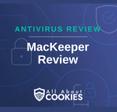 A blue background with images of locks and shields with the text &quot;Antivirus Review MacKeeper Review&quot; and the All About Cookies logo. 